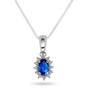 Rosettanheng i hvitt gull med diamanter 0,04 W.SI og oval fasettslipt safir.