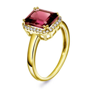 Gult gull ring med rhodolitt og diamanter 0,14 ct