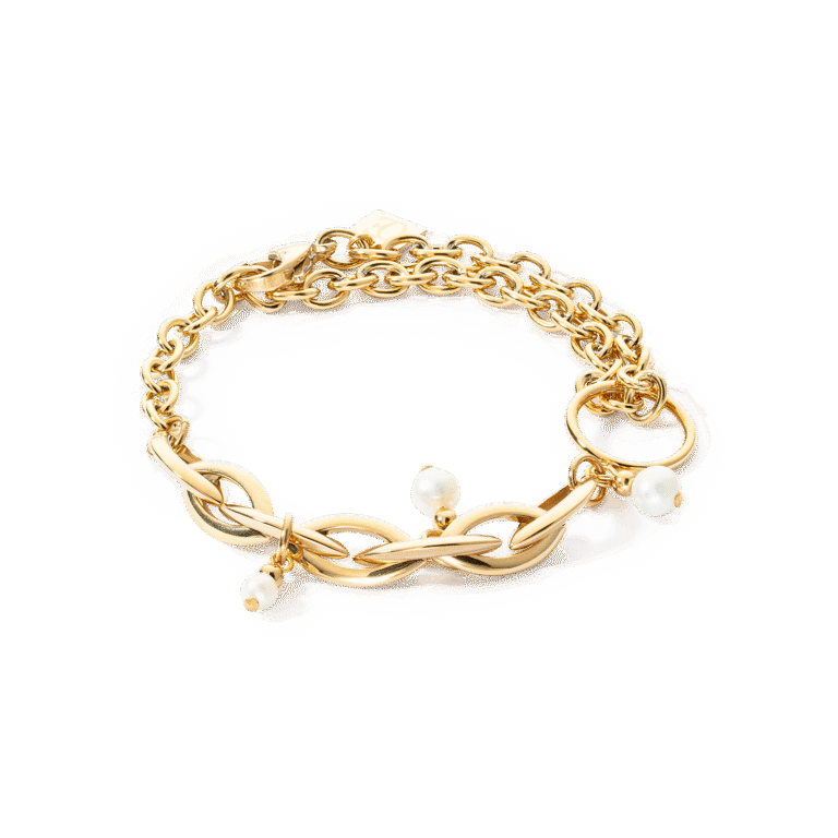 Coeur de Lion «Y navette» armbånd med gullfarget stål og ferskvannsperler
