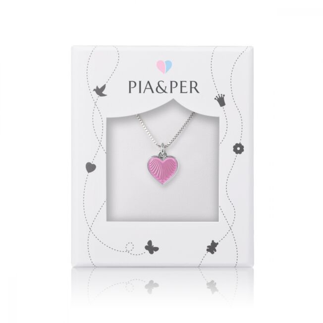 Pia og Per, sølv hjerte med rosa emalje, mellom
