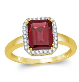Gult gull ring med rhodolitt og diamanter 0,14 ct