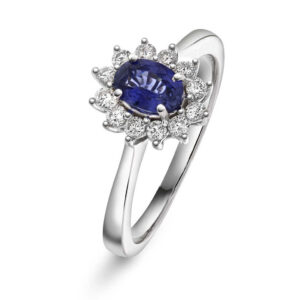 Rosettring i hvitt gull med safir og diamanter, stor