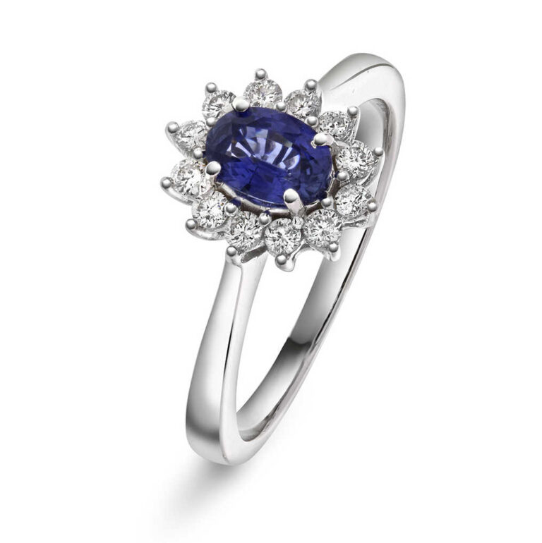 Rosettring i hvitt gull med safir og diamanter, stor
