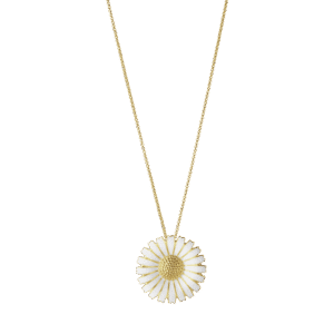 Georg Jensen "Daisy" anheng/brosje med hvit emalje i forgylt sølv