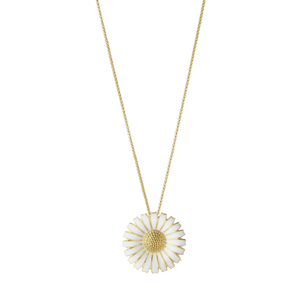 Georg Jensen "Daisy" anheng/brosje med hvit emalje i forgylt sølv