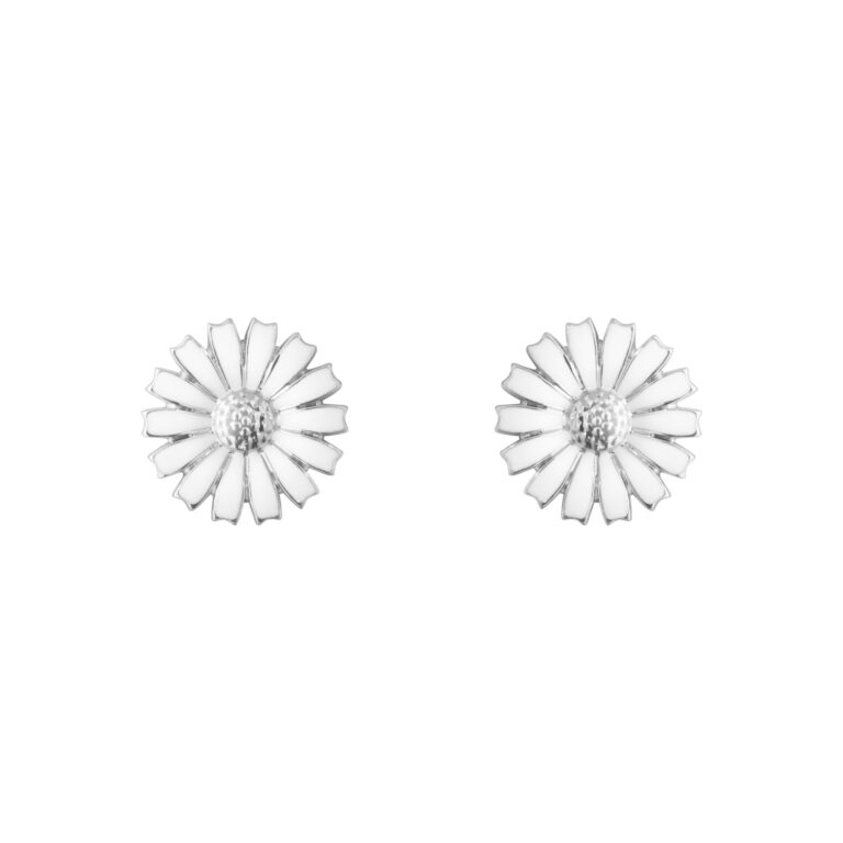 Georg Jensen “Daisy ørepynt" i sølv med hvit emaljert blomst