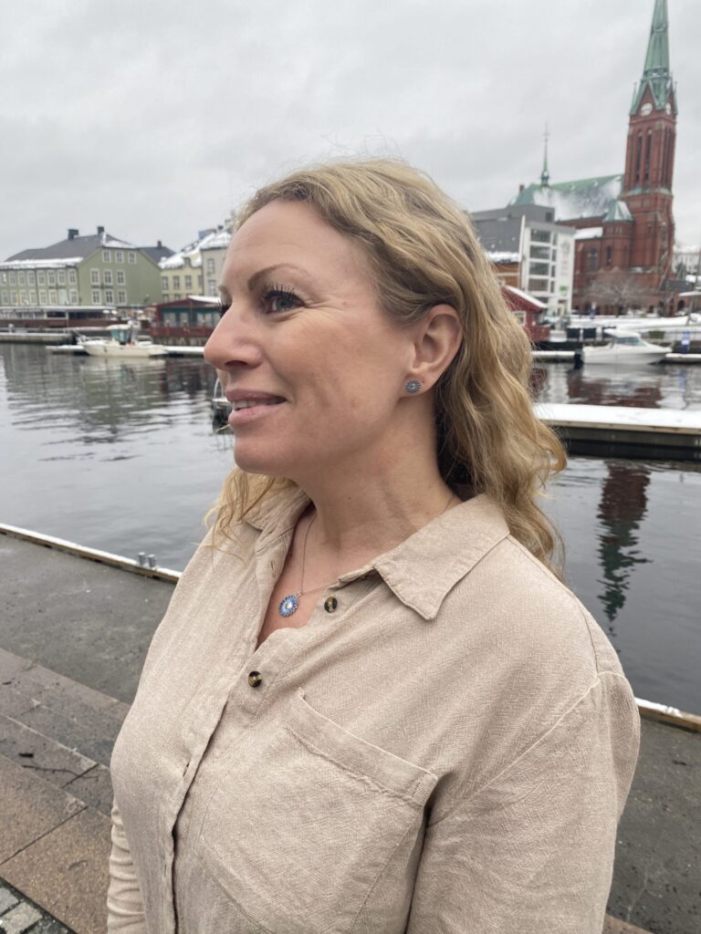 Georg Jensen “Daisy kjede" i sølv med blå emaljert blomst