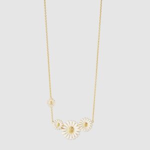 Georg Jensen “Daisy 4 flower” kjede i forgylt sølv med hvite emalje blomster