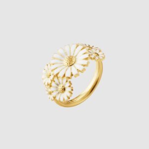 Georg Jensen "Daisy layered" ring i forgylt sølv med hvite emaljerte blomster