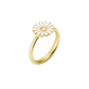 Georg Jensen "Daisy" ring i forgylt sølv med hvit emaljert blomst liten