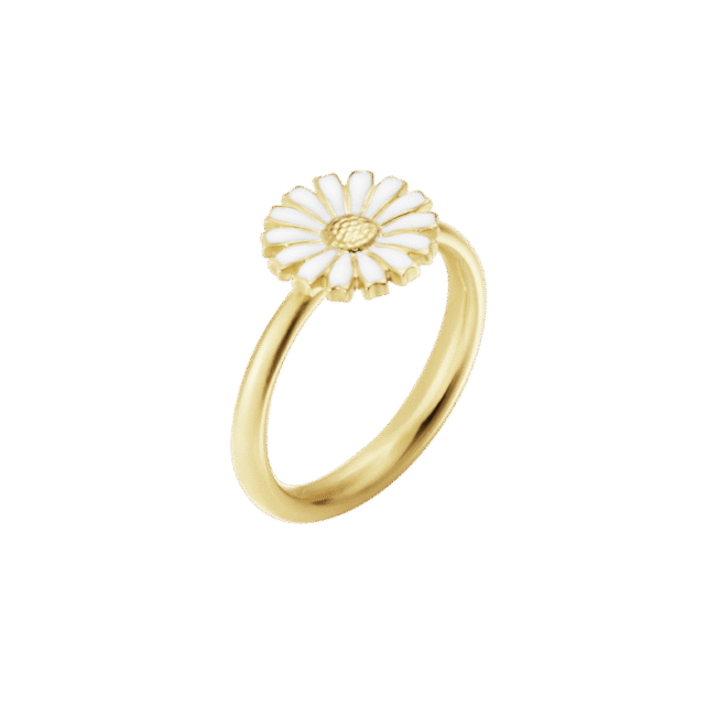 Georg Jensen "Daisy" ring i forgylt sølv med hvit emaljert blomst liten