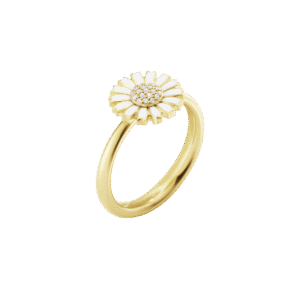 Georg Jensen "Daisy" ring i forgylt sølv med hvit emaljert blomst og diamanter