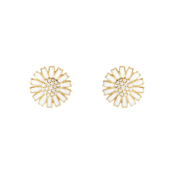 Georg Jensen “Daisy Earstud" i forgylt sølv med hvite emaljerte blomster og diamanter