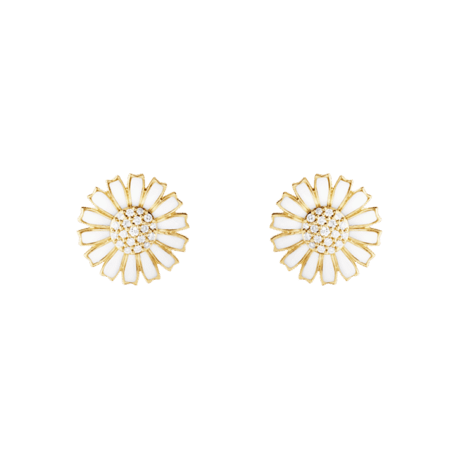 Georg Jensen “Daisy Earstud" i forgylt sølv med hvite emaljerte blomster og diamanter