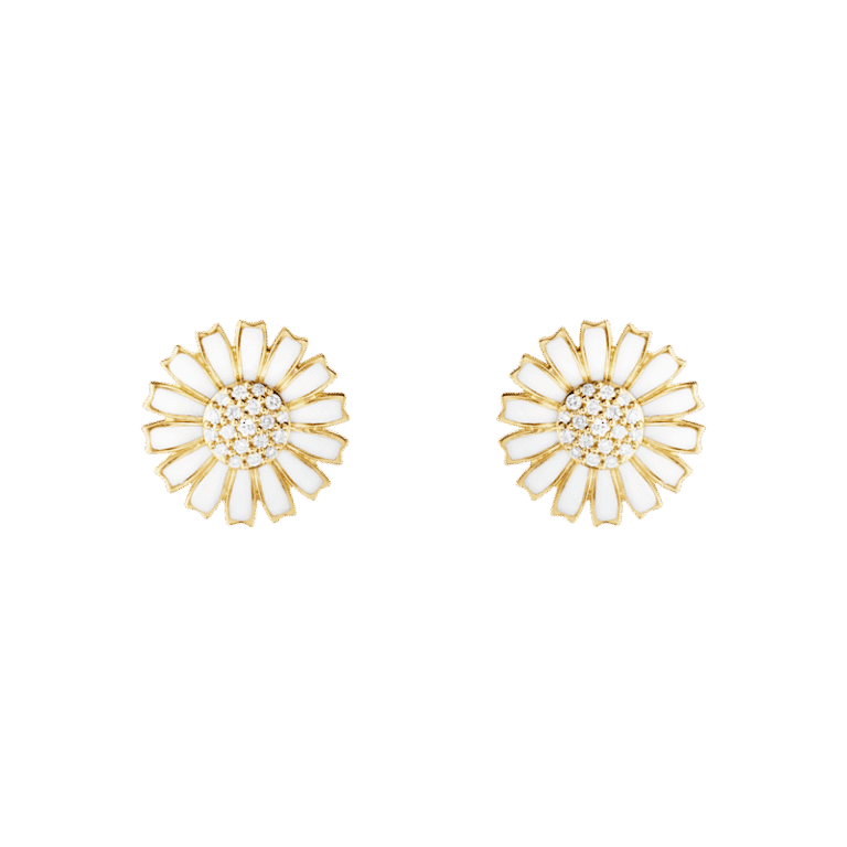 Georg Jensen “Daisy Earstud" i forgylt sølv med hvite emaljerte blomster og diamanter