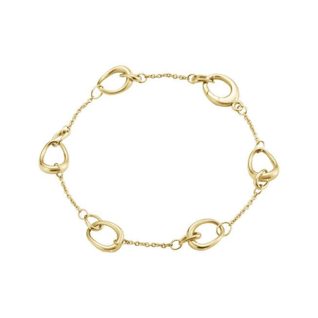 En lekent armbånd i tynn rund anker mønster med Offspring ledd spredt rundt i lenken. Elegant lås som ligner på leddene. Laget i 750 gult gull fra Georg Jensen.