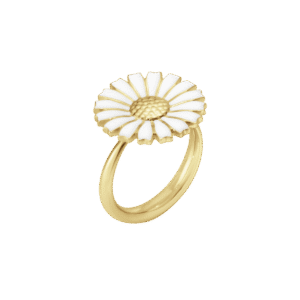 Georg Jensen "Daisy" ring i forgylt sølv med hvit emaljert blomst