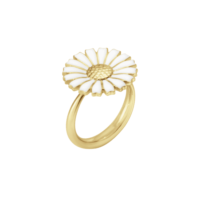 Georg Jensen "Daisy" ring i forgylt sølv med hvit emaljert blomst
