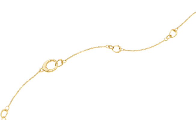 20001801_OFFSPRING_NECKLACE_ En lekent kjede i tynn rund anker mønster med Offspring ledd spredt rundt i lenken. Elegant lås som ligner på leddene. Laget i 750 gult gull fra Georg Jensen.
