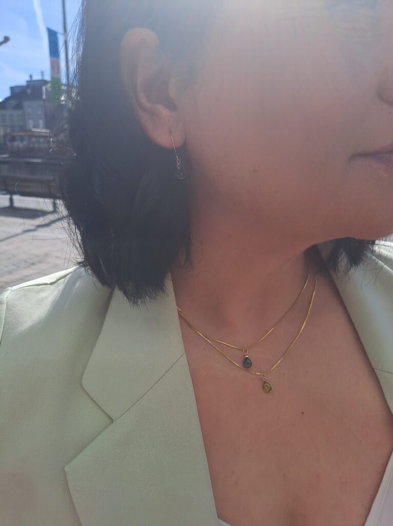 Susanne Friis Bjørner gult gull anheng med dråpeformet London blå topas