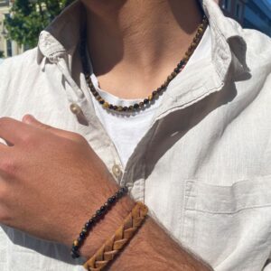 Son of Noa Flettet skinnarmbånd i lysbrunt og tigerøye kjede.