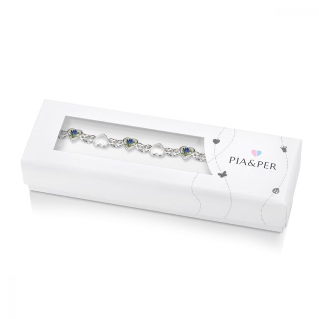 Pia og Per armbånd med emaljerte hjerter, blåklokker