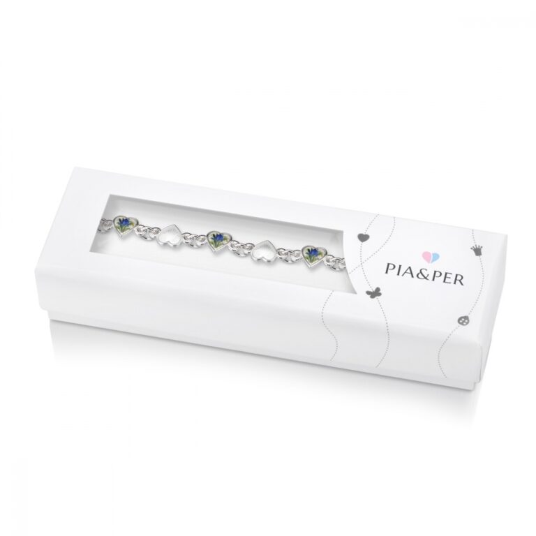 Pia og Per armbånd med emaljerte hjerter, blåklokker