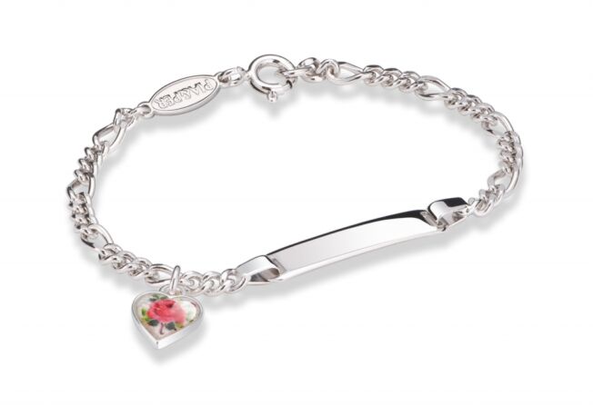 Barnearmbånd med ID-plate hjerte med rose fra Pia og Per