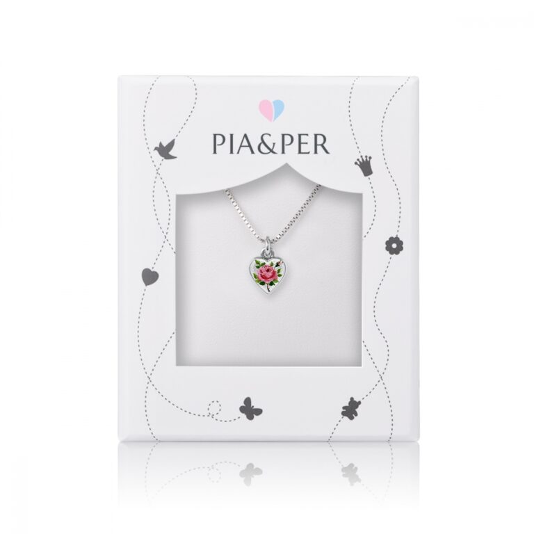 Pia og Per emaljehjerte med rose, lite