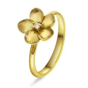 Blomsterring i gult gull med diamant