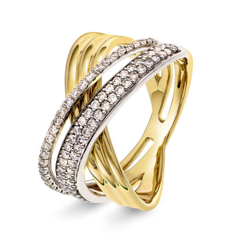 Ring med buer i kryss i gult og hvitt gull diamanter 0,50 ct