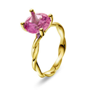 Ring "Drops" i gult gull med syntetisk rosa spinell
