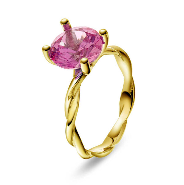 Ring "Drops" i gult gull med syntetisk rosa spinell