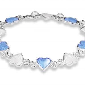 Pia og Per armbånd til barn med lys blå og hvite emaljerte hjerter