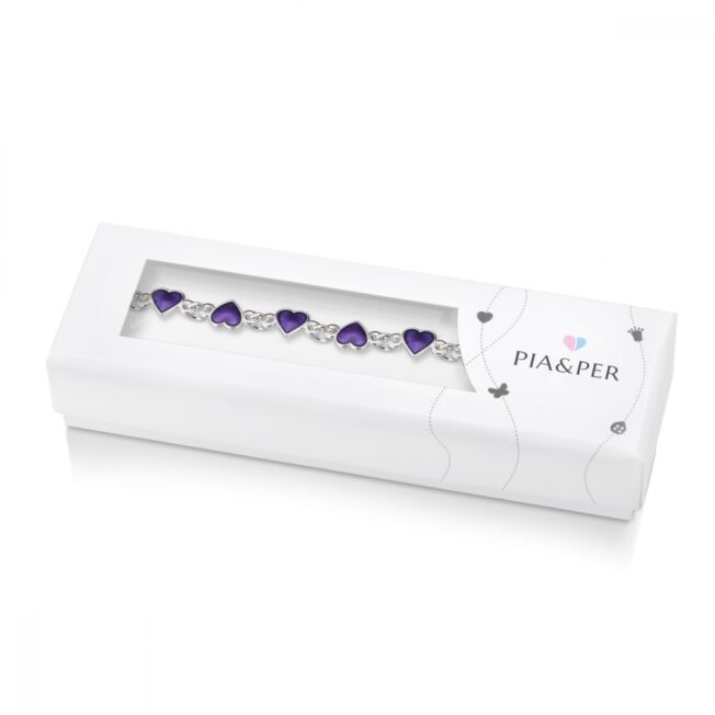 Pia og Per armbånd til barn med lilla emaljerte hjerter