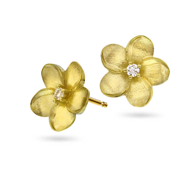 Ørepynt liten blomst i gult gull med diamanter