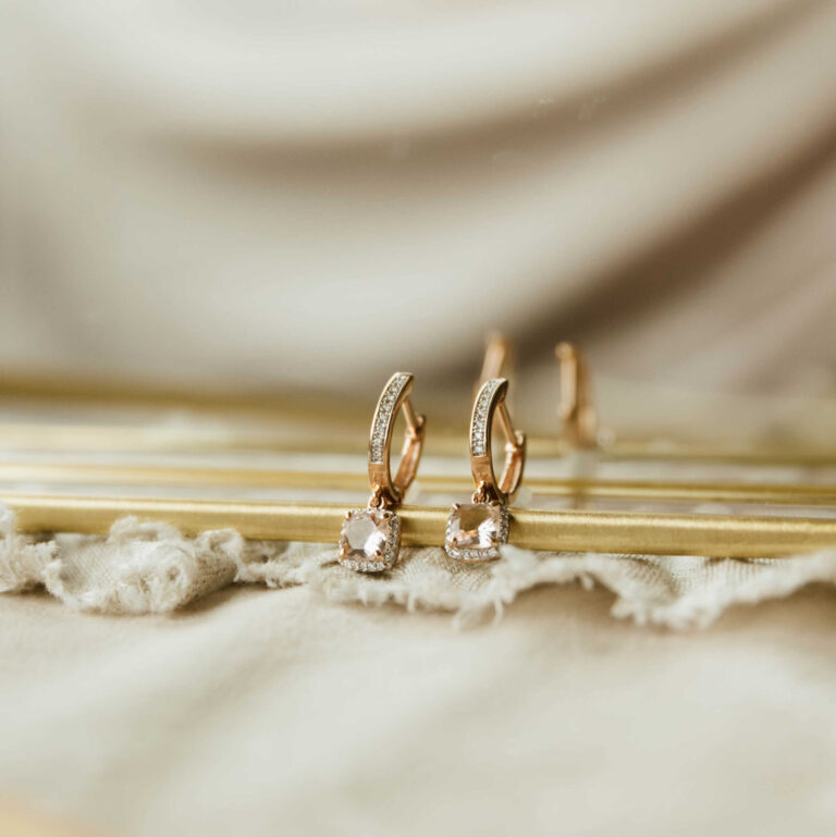Ørering i roségull med morganitt og diamant
