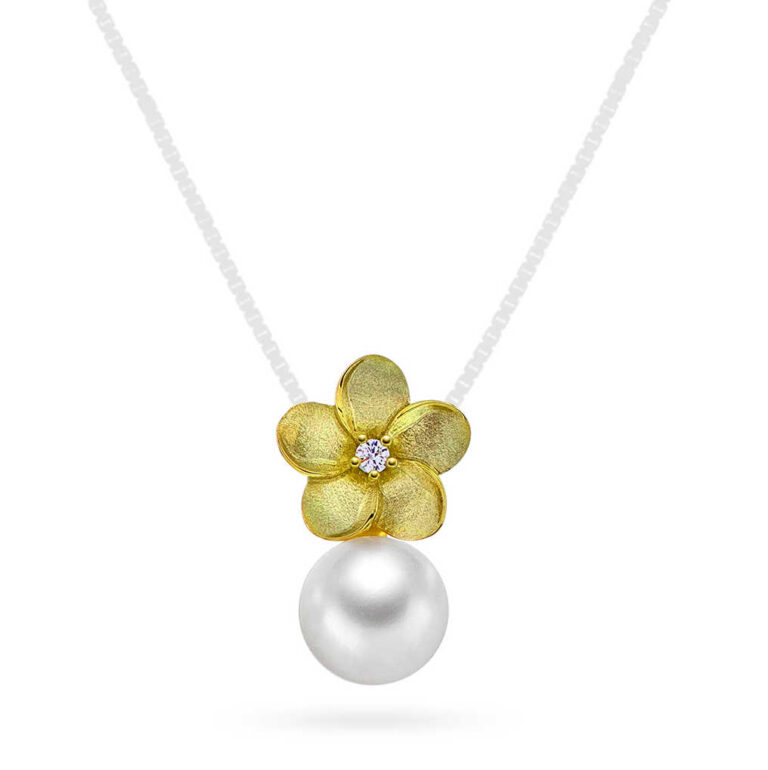 Anheng liten blomst i gult gull med diamant og perle