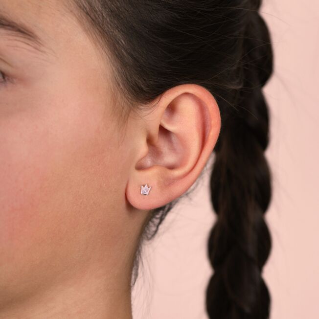 Pia og Per, emaljeørepynt med rosa krone, liten