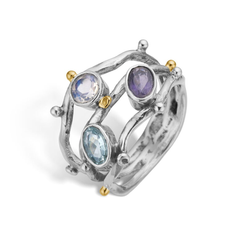 By Birdie "Grace Triple Ocean ring" i sølv med gult gull detaljer blå toner