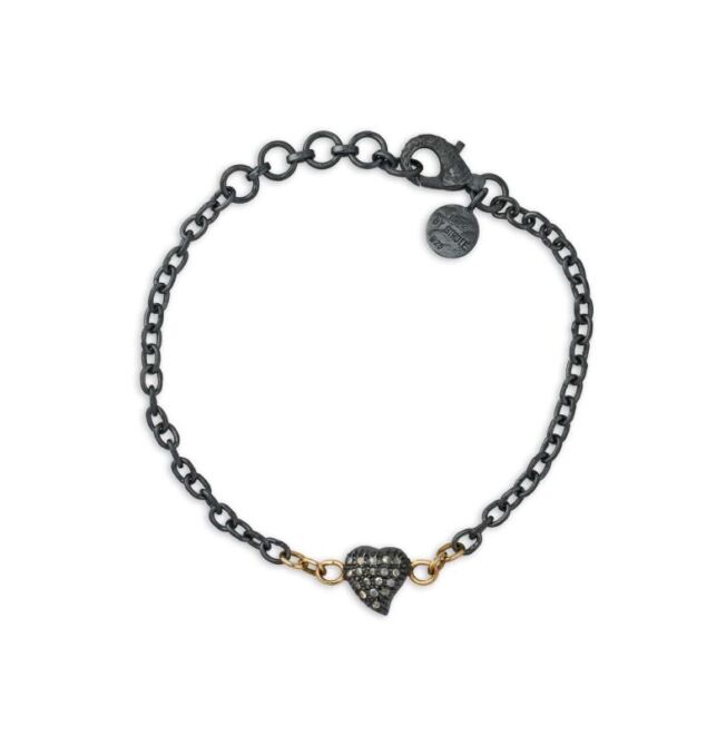 Armbånd oksidert sølv fra By Birdie hjerte paveert med sorte diamnter 0,50 ct