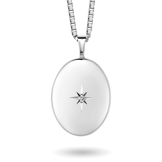 Pia og Per medaljong i sølv, oval med diamant
