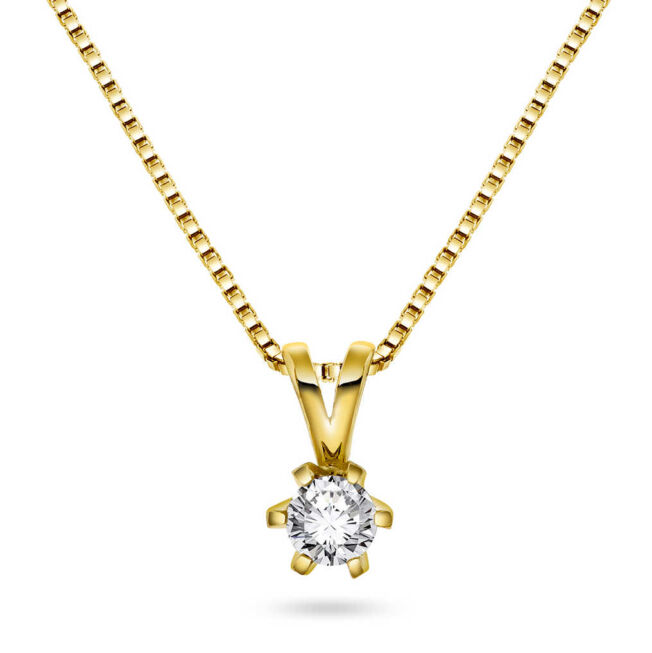 Anheng enstens i gult gull med diamant. Vida er produsert i Norge. Perfekt til mange ulike anledninger. 0,20 carat.