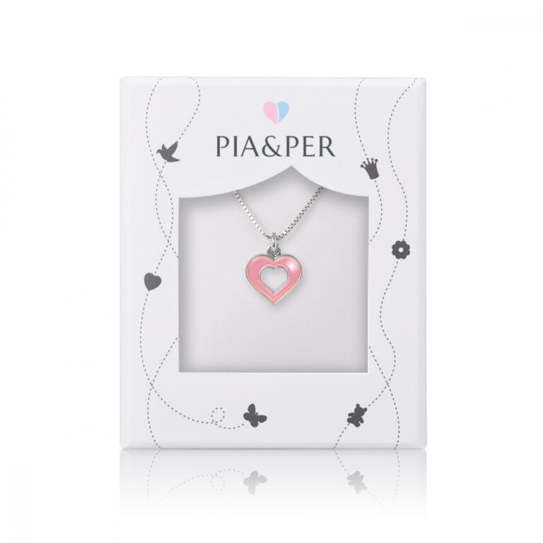 Pia og Per, sølv hjerte med rosa emalje, åpen