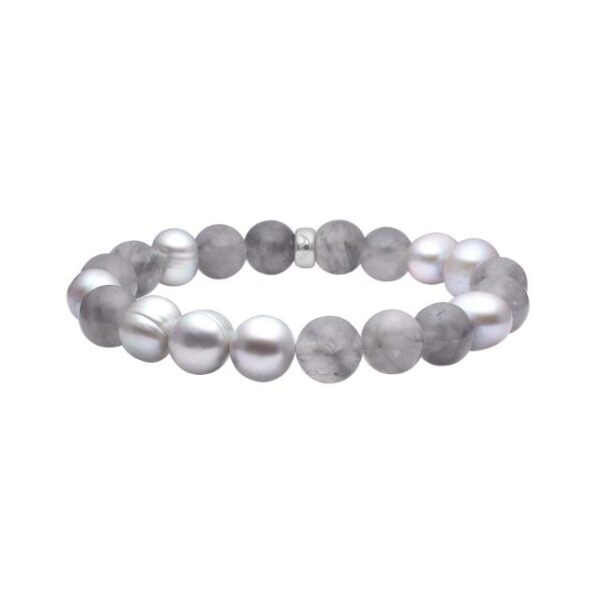 Armbånd med labradorittkuler og ferskvannsperler. Fra Heizendorff Labradoritt er en grå sten , som spiller i flere flotte blåfarger.Det sies at den minner om nordlyset Den har vørt kjent for spirituell klarhet og beskyttelse.