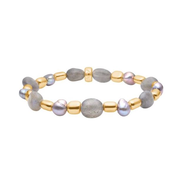 Armbånd med grå ferskvannsperler og labradoritt, i mellom disse er det forgylte hematitt. Labradoritt er en grå sten , som spiller i flere flotte blåfarger.Det sies at den minner om nordlyset Den har vørt kjent for spirituell klarhet og beskyttelse.