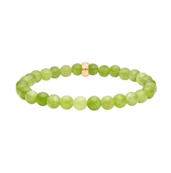 Dette er armbånd med limegrønn spongekvarts. Trerdd på strikk fra Heizendorff. Stenene er 6 mm i diameter.