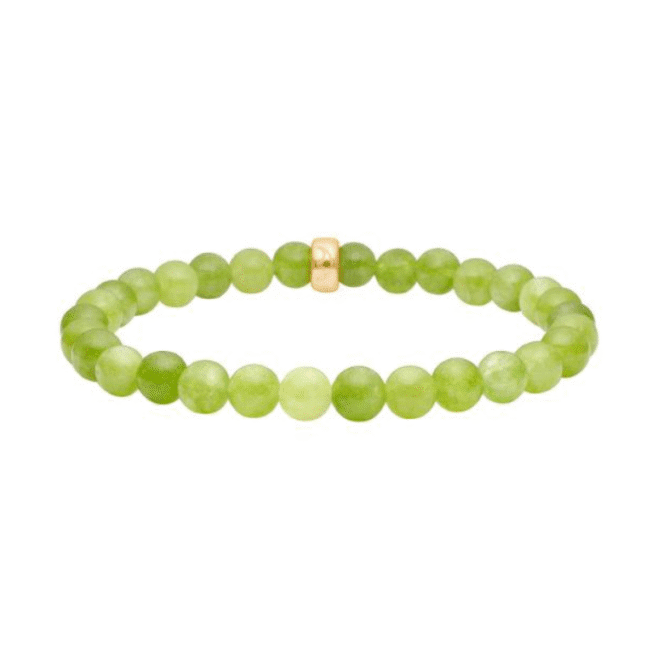 Dette er armbånd med limegrønn spongekvarts. Trerdd på strikk fra Heizendorff. Stenene er 6 mm i diameter.