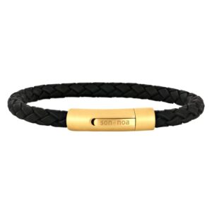 Son of Noa "Son" armbånd black calf leather, flettet med gullfarget stål lås