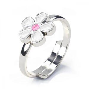 Pia og Per ring med emaljert blomst hvit og rosa